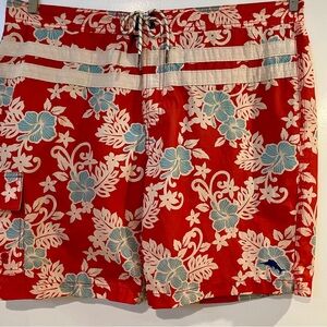 Tommy Bahama Men's Red-Orange Blue Floral Board Shorts Swim Trunks